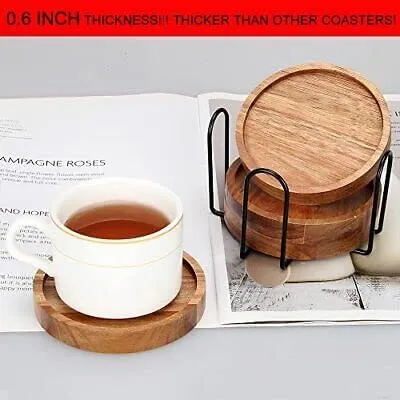 Hira Wood Art Wooden Coasters for Cups Set of 4 - Coasters for Dining Table - Round Coasters for Tea, Coffee Table & Dining Table with Metal Holder