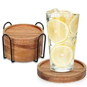 Hira Wood Art Wooden Coasters for Cups Set of 4 - Coasters for Dining Table - Round Coasters for Tea, Coffee Table & Dining Table with Metal Holder