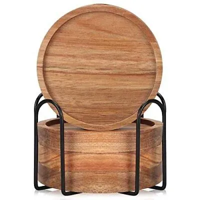 Hira Wood Art Wooden Coasters for Cups Set of 4 - Coasters for Dining Table - Round Coasters for Tea, Coffee Table & Dining Table with Metal Holder