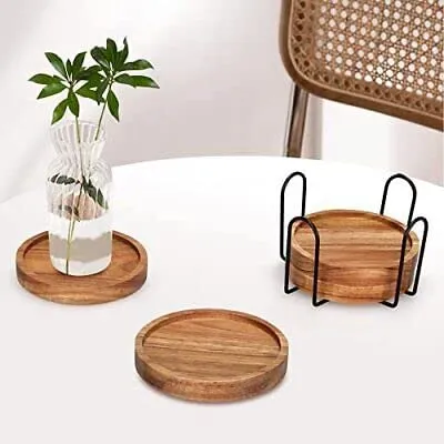 Hira Wood Art Wooden Coasters for Cups Set of 4 - Coasters for Dining Table - Round Coasters for Tea, Coffee Table & Dining Table with Metal Holder