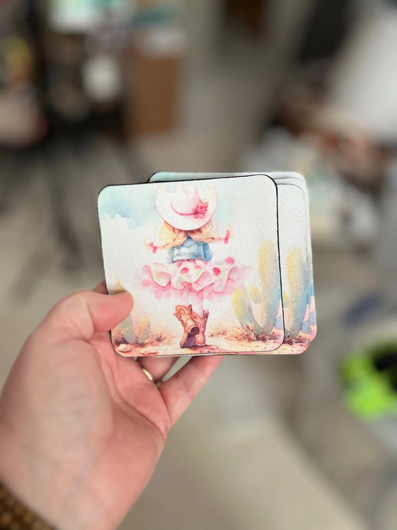 Little Girl Cowgirl in Braids Square Neoprene Coasters - Set of 4