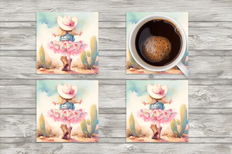 Little Girl Cowgirl in Braids Square Neoprene Coasters - Set of 4