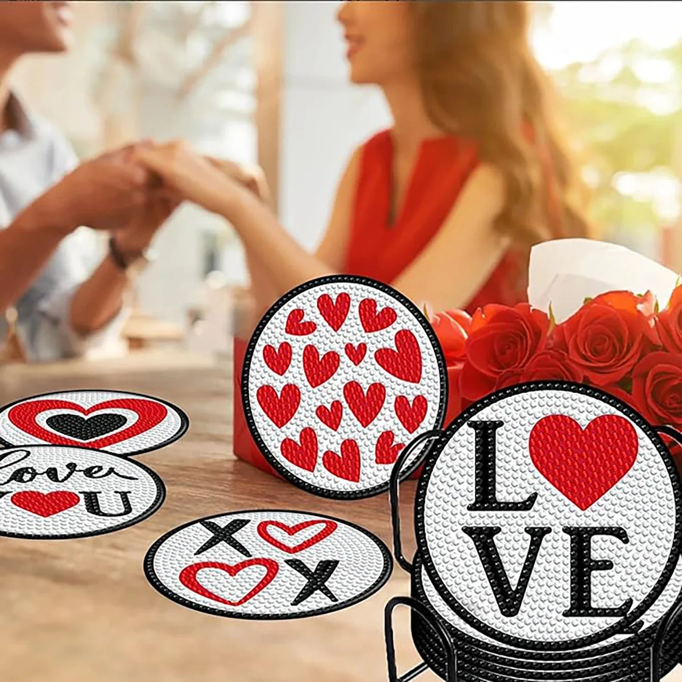 Love Diamond Art Painting coaster set, DIY coaster with holder, beginner and adult. 8 pieces/set of