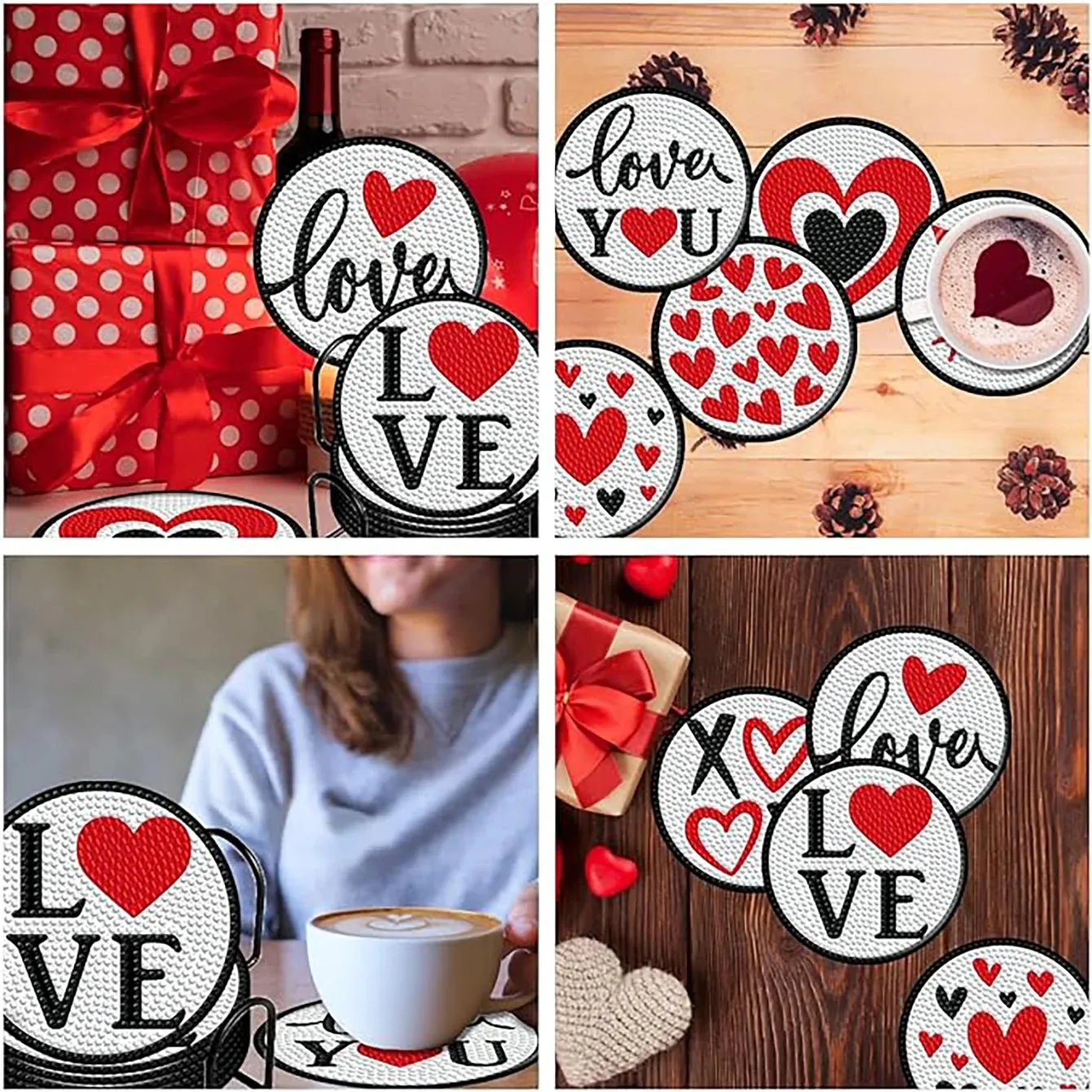Love Diamond Art Painting coaster set, DIY coaster with holder, beginner and adult. 8 pieces/set of
