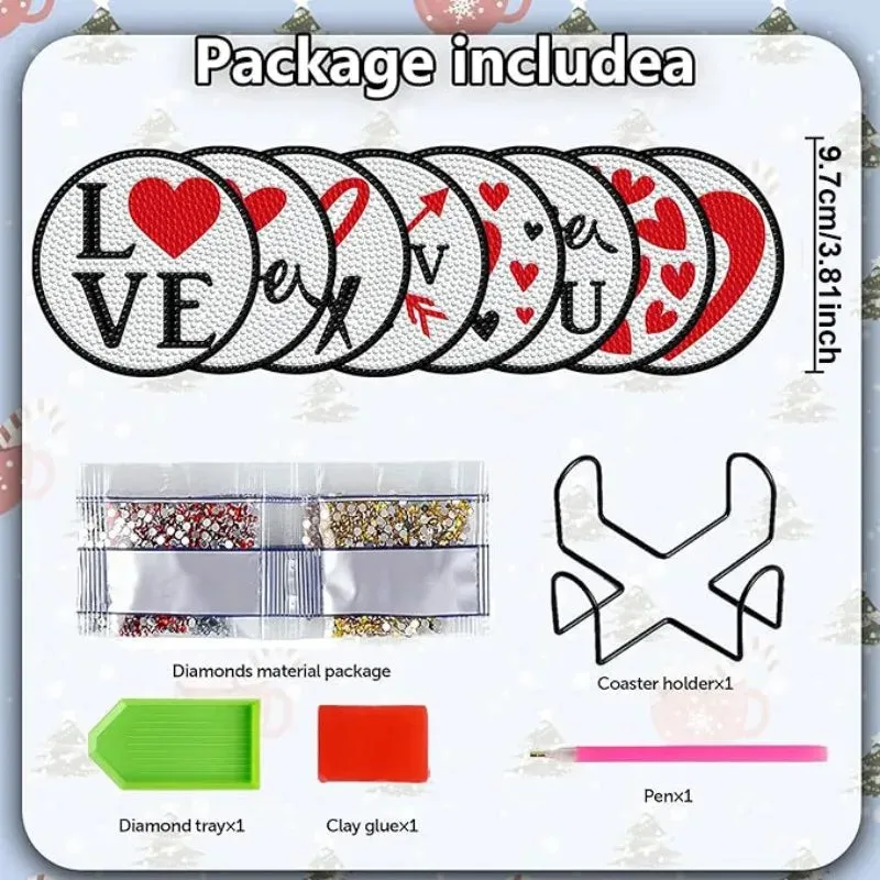 Love Diamond Art Painting coaster set, DIY coaster with holder, beginner and adult. 8 pieces/set of
