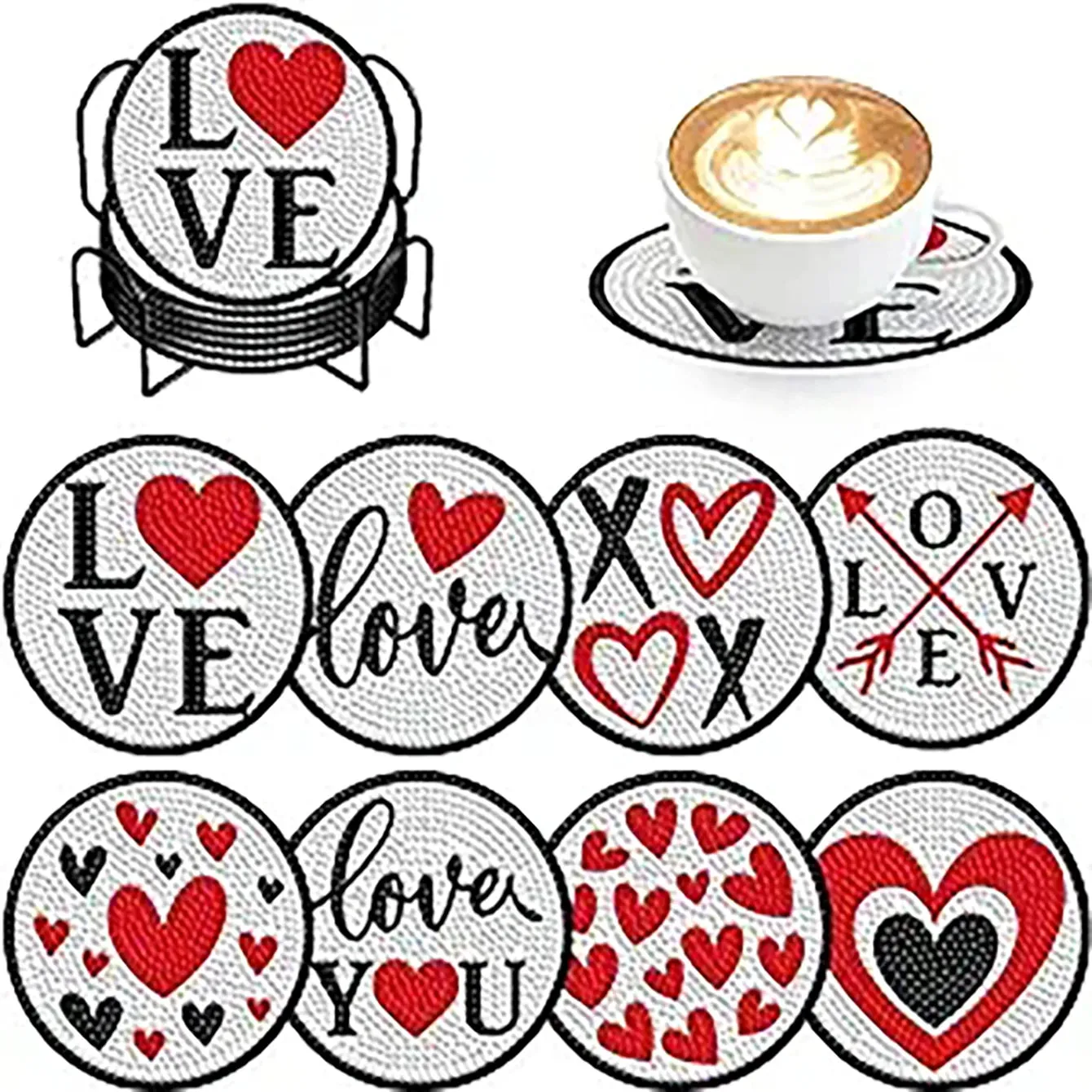 Love Diamond Art Painting coaster set, DIY coaster with holder, beginner and adult. 8 pieces/set of