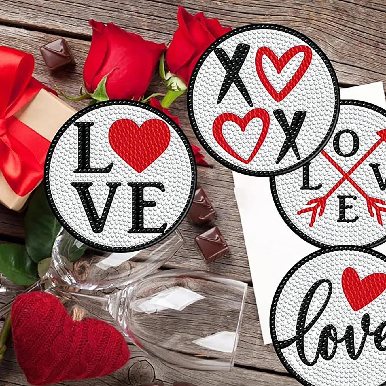 Love Diamond Art Painting coaster set, DIY coaster with holder, beginner and adult. 8 pieces/set of