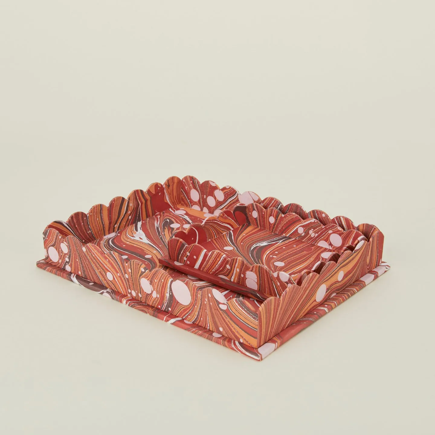 Marbleized Scalloped Tray, Set of 2 - Red Marble