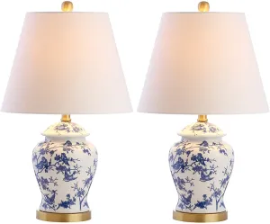 New PAIR Chinoiserie Blue & White Prunus & Sparrow Birds Ginger Jar Lamps w/ Shades
