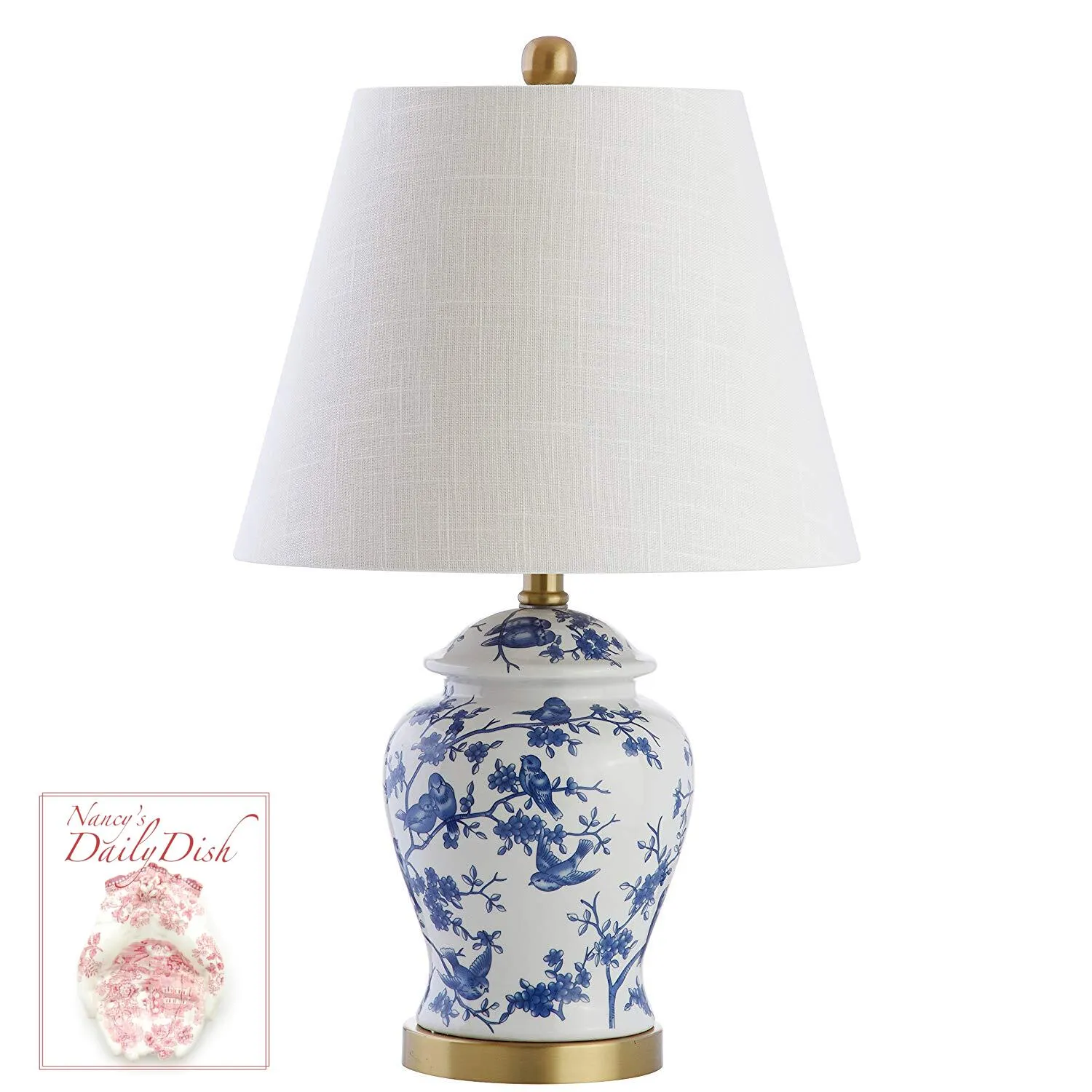 New PAIR Chinoiserie Blue & White Prunus & Sparrow Birds Ginger Jar Lamps w/ Shades