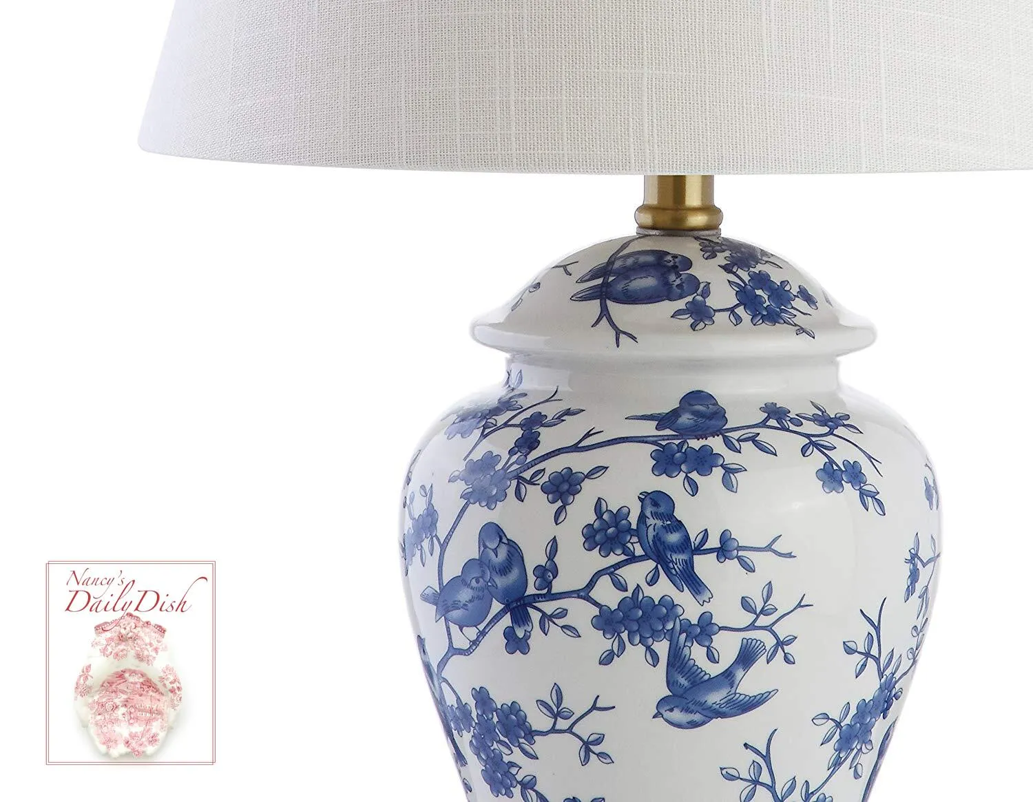 New PAIR Chinoiserie Blue & White Prunus & Sparrow Birds Ginger Jar Lamps w/ Shades