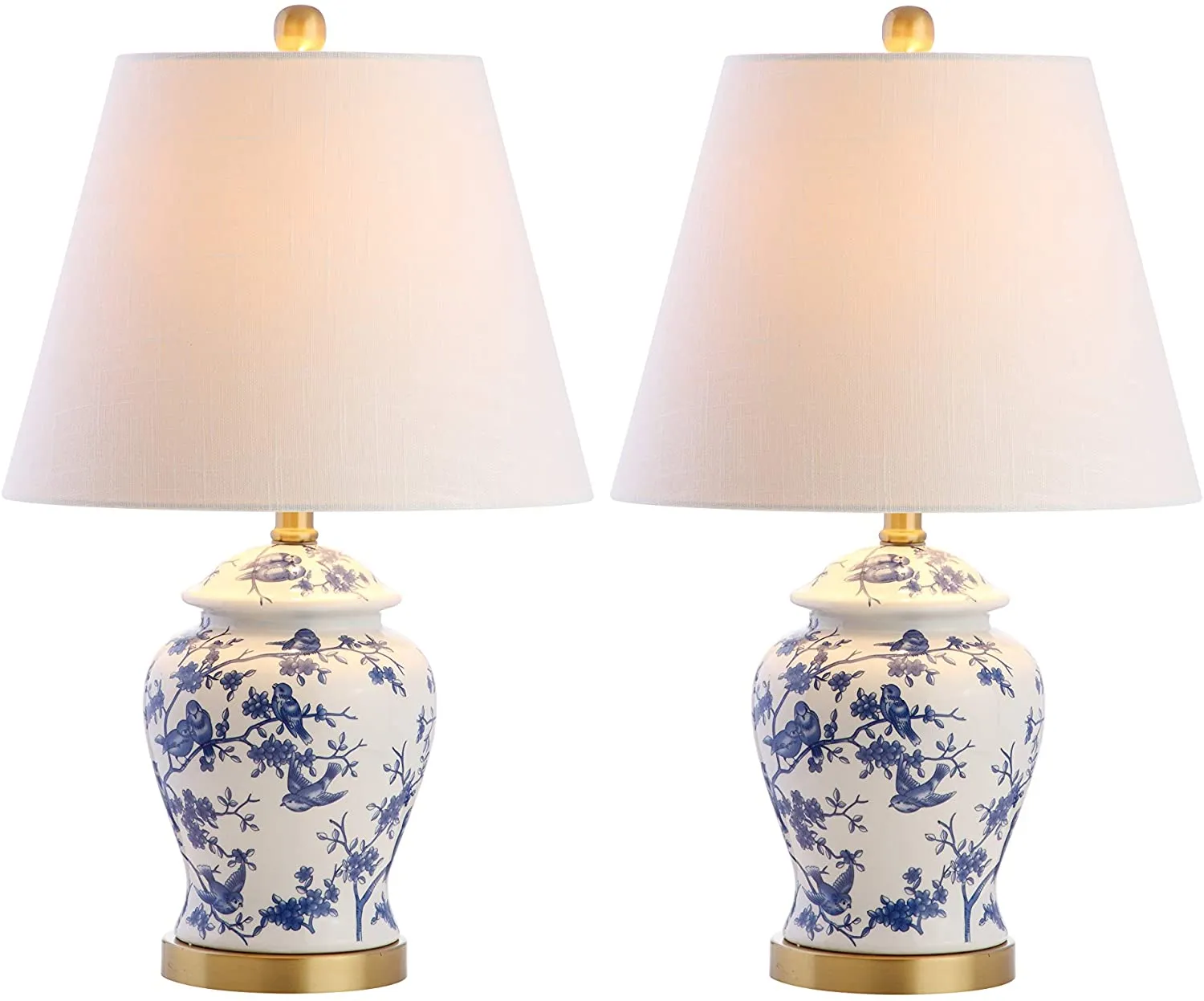 New PAIR Chinoiserie Blue & White Prunus & Sparrow Birds Ginger Jar Lamps w/ Shades