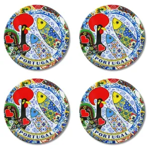 Set of 4 Ceramic Coasters with Cork Backing – Traditional Portuguese Imagery, Azulejo Background, Rooster & Sardine Design