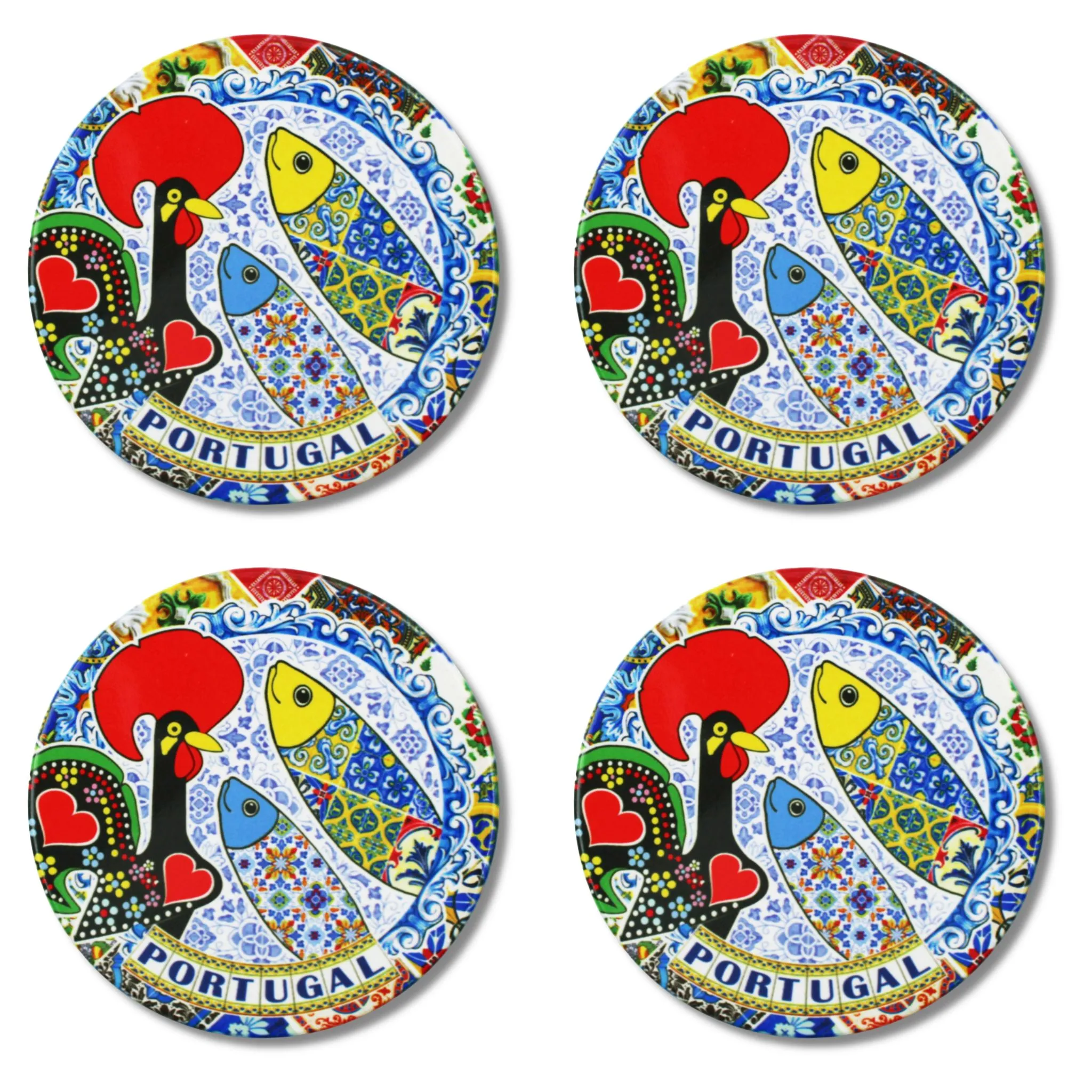 Set of 4 Ceramic Coasters with Cork Backing – Traditional Portuguese Imagery, Azulejo Background, Rooster & Sardine Design