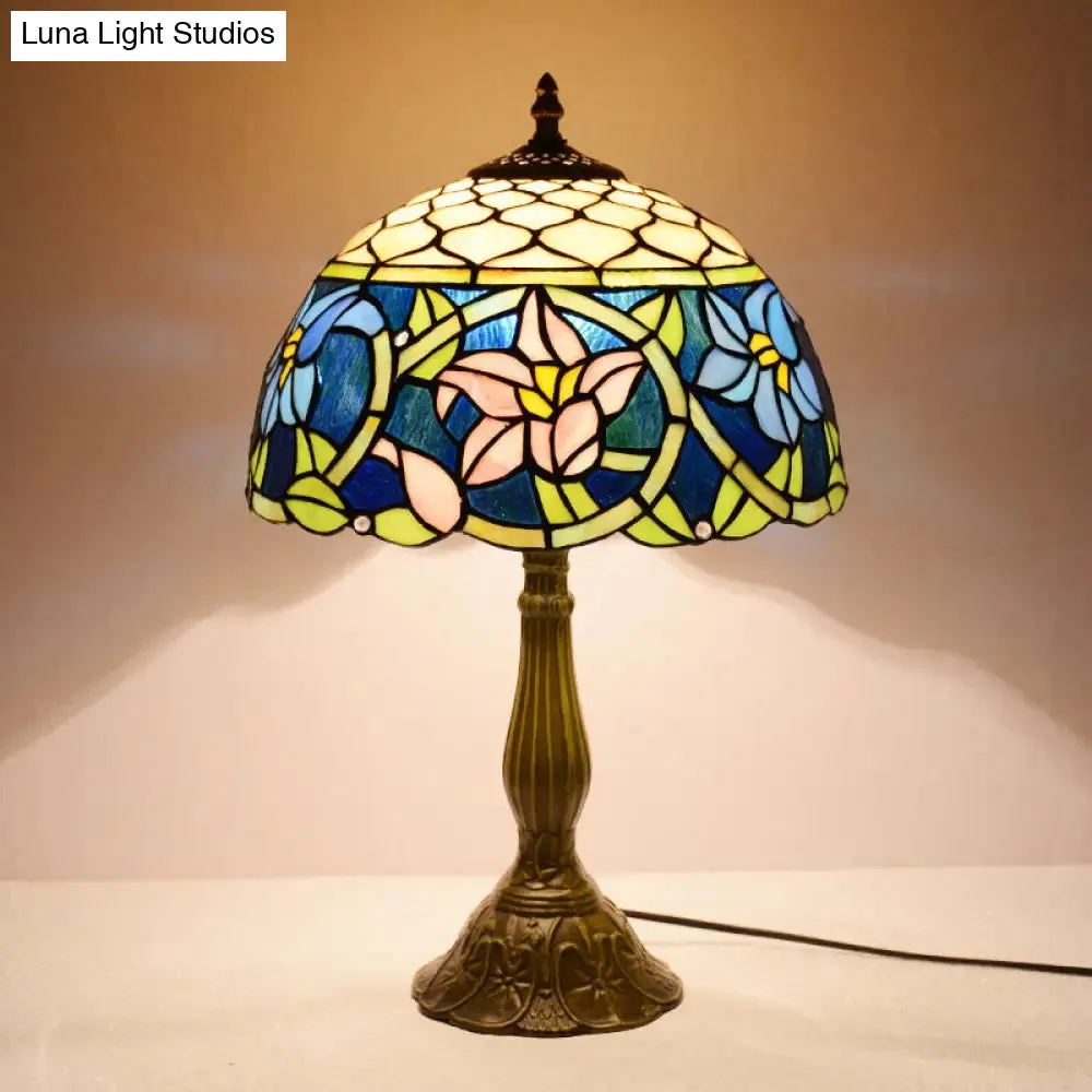 Tatiana - Blue Glass Daffodils Night Light: Mediterranean Bronze Table Lamp with
