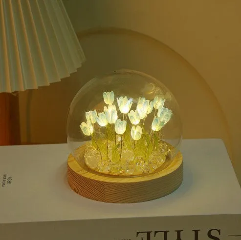 (Ten Blue Tulips) Glowing Tulip Dome Lamp | Wooden Base | Bedside Table Decoration