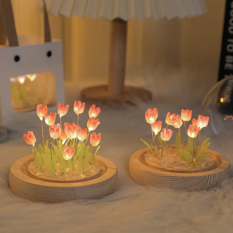 (Twenty Pink Tulips) Glowing Tulip Dome Lamp | Wooden Base | Bedside Table Decoration