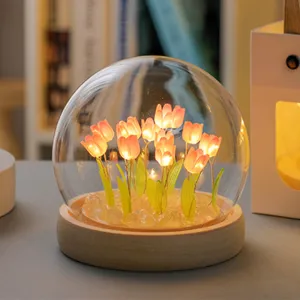 (Twenty Pink Tulips) Glowing Tulip Dome Lamp | Wooden Base | Bedside Table Decoration