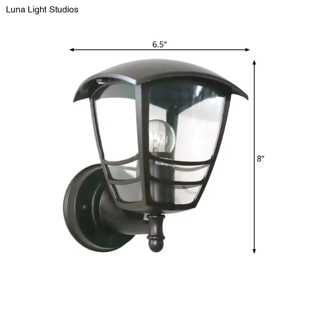 Vintage Clear Glass Lantern Wall Lamp for Courtyard: Dark Coffee 1-Light Wall Lighting