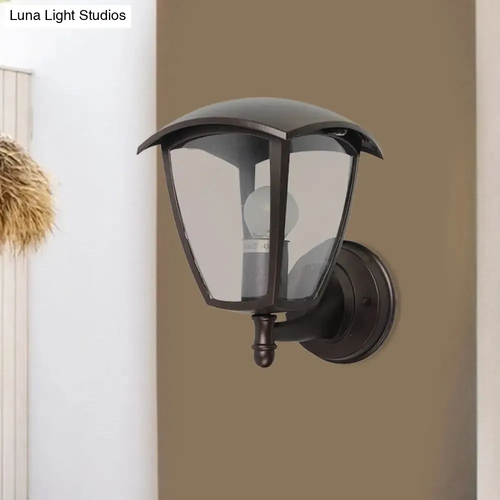 Vintage Clear Glass Lantern Wall Lamp for Courtyard: Dark Coffee 1-Light Wall Lighting
