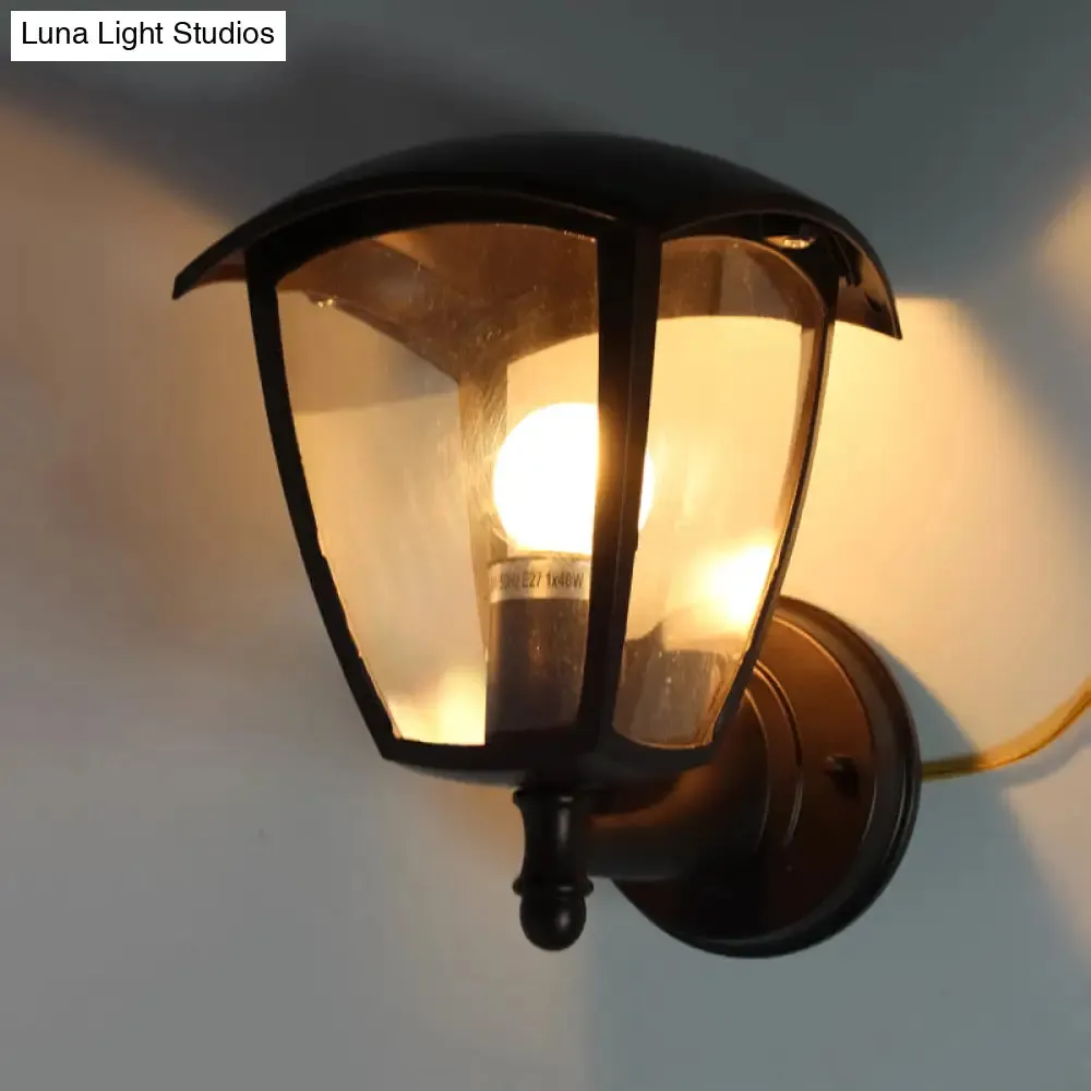 Vintage Clear Glass Lantern Wall Lamp for Courtyard: Dark Coffee 1-Light Wall Lighting