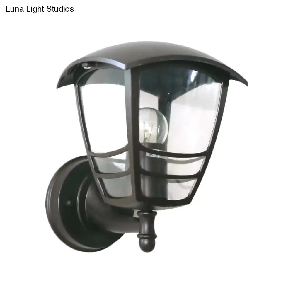 Vintage Clear Glass Lantern Wall Lamp for Courtyard: Dark Coffee 1-Light Wall Lighting