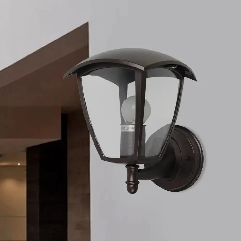 Vintage Clear Glass Lantern Wall Lamp for Courtyard: Dark Coffee 1-Light Wall Lighting
