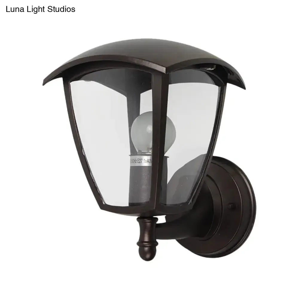 Vintage Clear Glass Lantern Wall Lamp for Courtyard: Dark Coffee 1-Light Wall Lighting