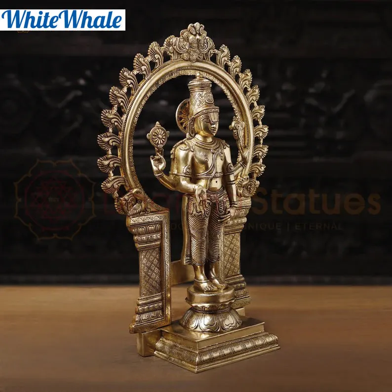 White Whale Brass Karunapara Lord Vishnu Blessing in YakshaMukha Frame with Shankhya Lamps - High Gold Finish