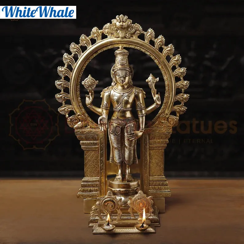 White Whale Brass Karunapara Lord Vishnu Blessing in YakshaMukha Frame with Shankhya Lamps - High Gold Finish