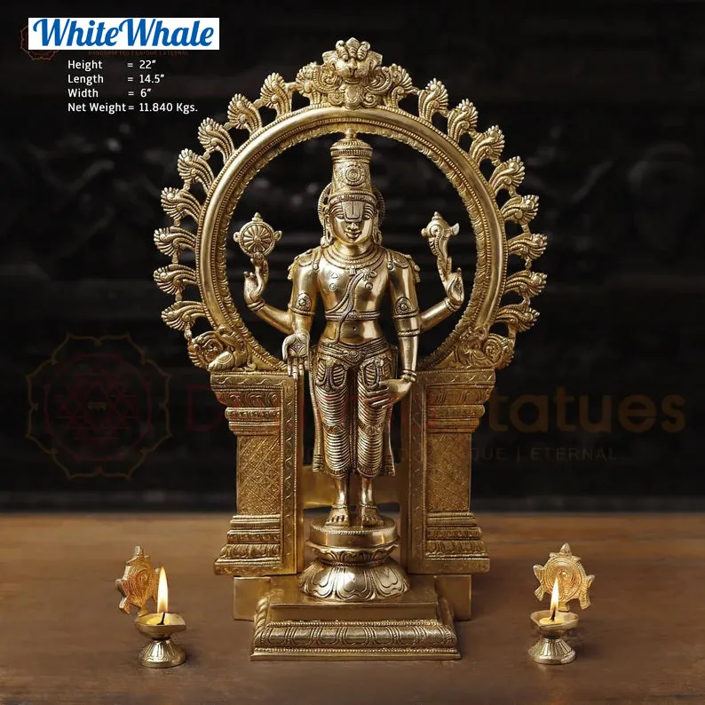 White Whale Brass Karunapara Lord Vishnu Blessing in YakshaMukha Frame with Shankhya Lamps - High Gold Finish