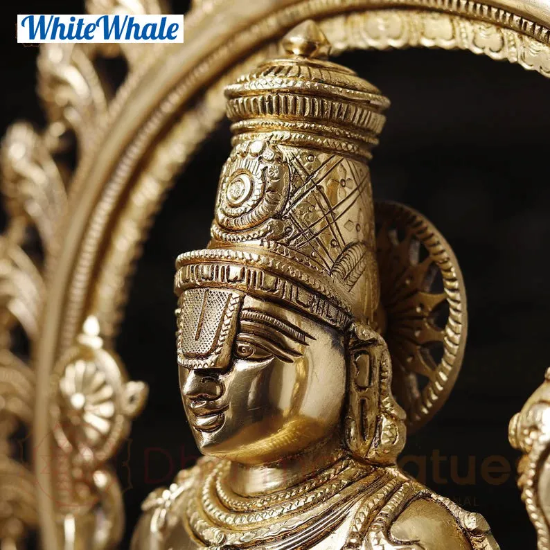 White Whale Brass Karunapara Lord Vishnu Blessing in YakshaMukha Frame with Shankhya Lamps - High Gold Finish