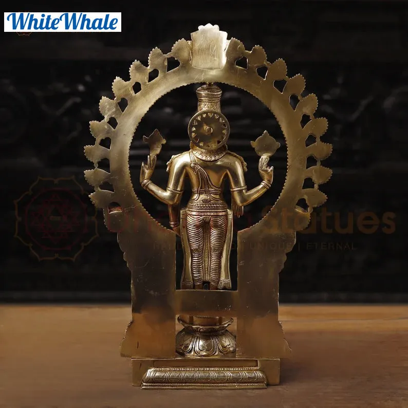 White Whale Brass Karunapara Lord Vishnu Blessing in YakshaMukha Frame with Shankhya Lamps - High Gold Finish