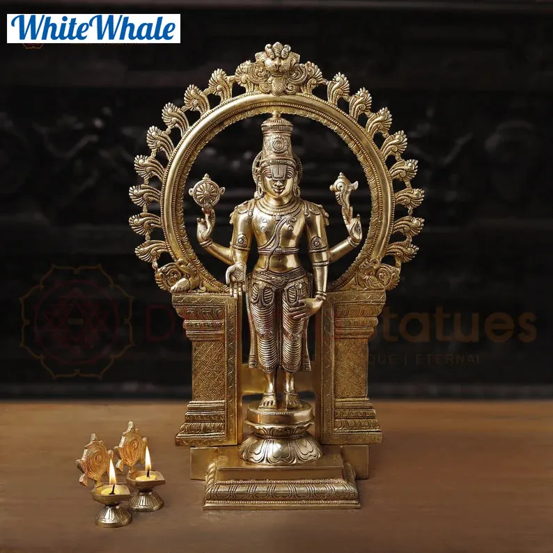 White Whale Brass Karunapara Lord Vishnu Blessing in YakshaMukha Frame with Shankhya Lamps - High Gold Finish