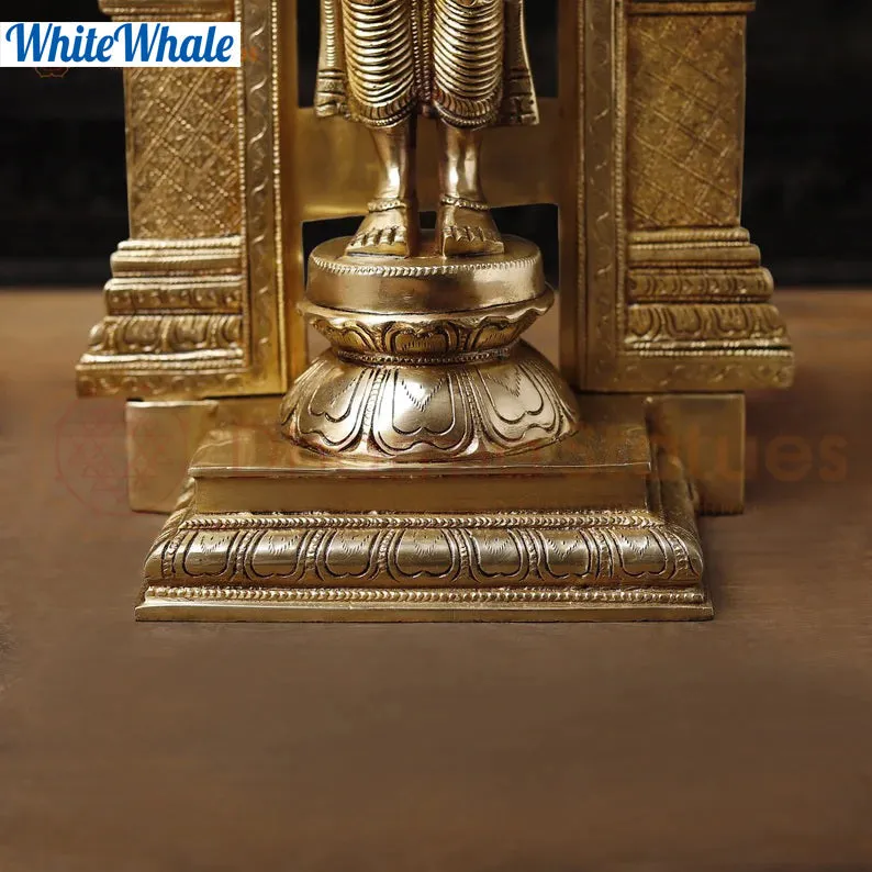 White Whale Brass Karunapara Lord Vishnu Blessing in YakshaMukha Frame with Shankhya Lamps - High Gold Finish