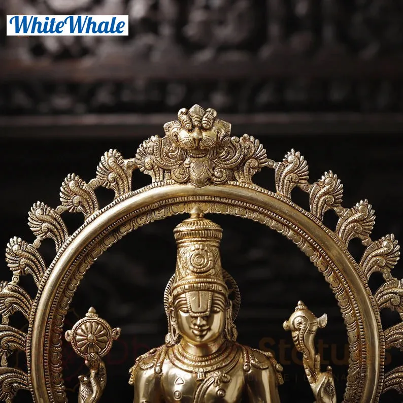 White Whale Brass Karunapara Lord Vishnu Blessing in YakshaMukha Frame with Shankhya Lamps - High Gold Finish